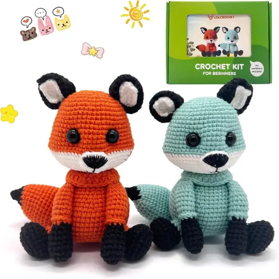 2 Pcs Fox Crochet Kit for Beginners, Couple Animals Amigurumi Starter Kit {1}