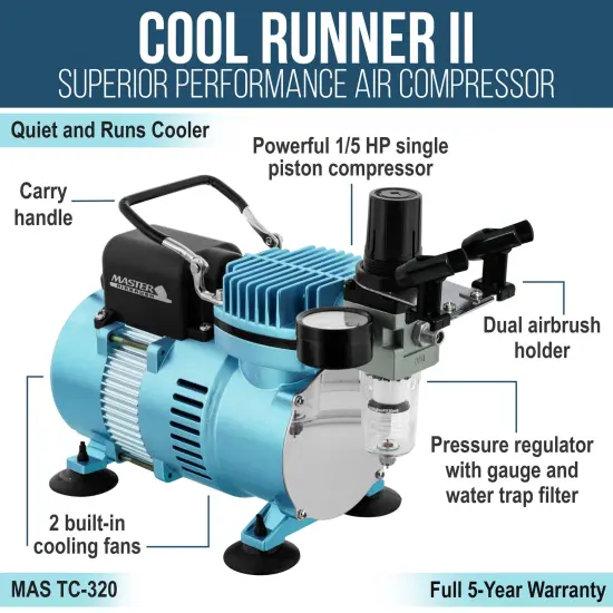 Cool Runner II Dual Fan Air Compressor System Kit with a G233 Gravity Feed Dual-Action Airbrush, 0.2, 0.3, 0.5 mm Tips - Hose, Holder, How-To Guide {4}