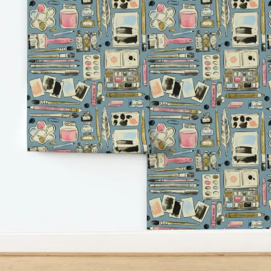 Pre-Pasted Wallpaper 2FT Wide Retro Watercolor Paint Art Ink Brushes Supplies Brush Pencil Feather Paints Gouache Fountain Pen Well Whimsical Eclectic Line Drawing Doodle Custom Pre-pasted Wallpaper by Spoonflower {2}