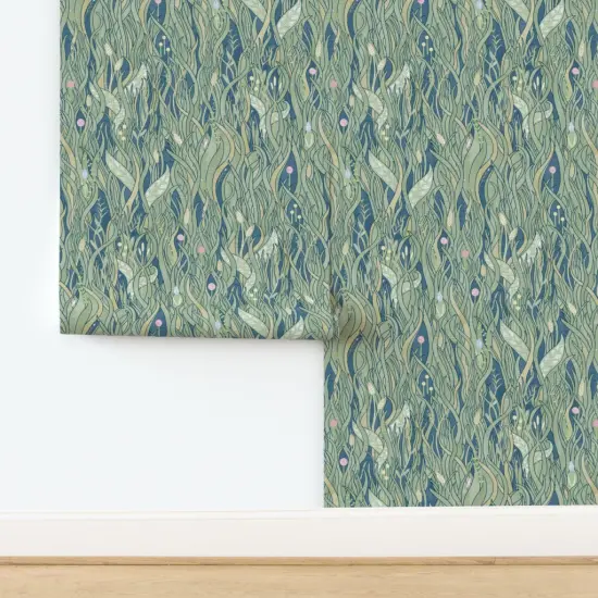 Peel & Stick Wallpaper 2FT Wide Wild Grasses Plants Nature Blue Green Vintage Wilderness Mid Century Rustic Antique Meadows Fields Beautiful Custom Removable Wallpaper by Spoonflower {2}