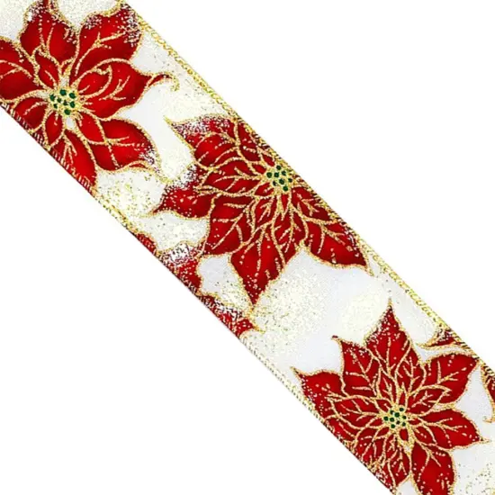 Designer&rsquo;s Shop WR 63-5213 Red Poinsettia on White Wired Edge Ribbon &ndash; 2.5" x 10 Yards &ndash; Christmas Floral Glitter Accent {3}