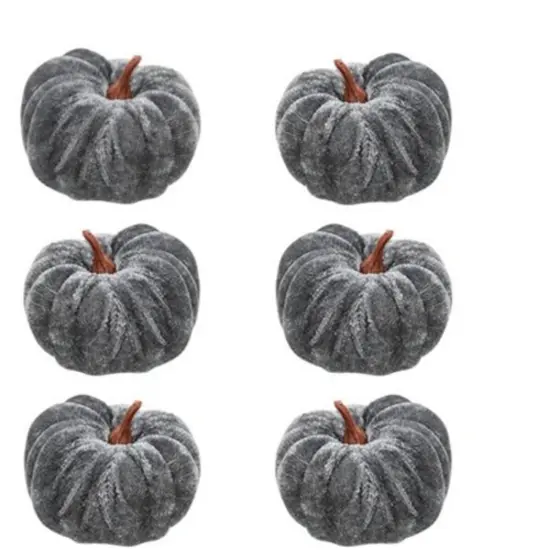 Set of 6 Grey Velvet Pumpkins with Plastic Stem for Home Decor {1}