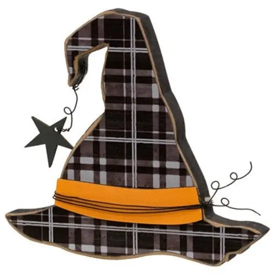 Buffalo Plaid Witch Hat Wooden Halloween Shelf Sitter with Orange Ribbon {1}
