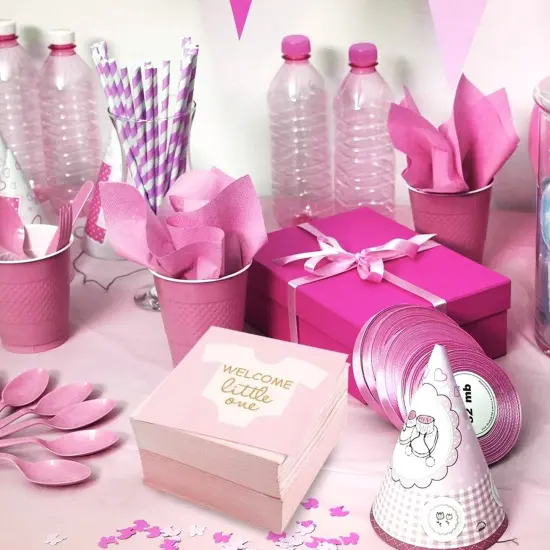 100-Pack “Welcome Little One” Baby Shower Napkins for Boys, Gold Foil Gender Reveal Decorations, Light Pink (5x5 In) {3}