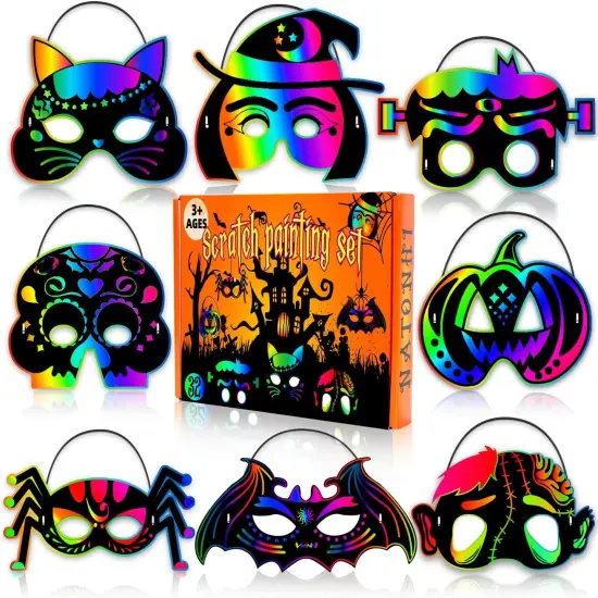 32Pcs Halloween Crafts for Kids Rainbow Scratch Mask {1}