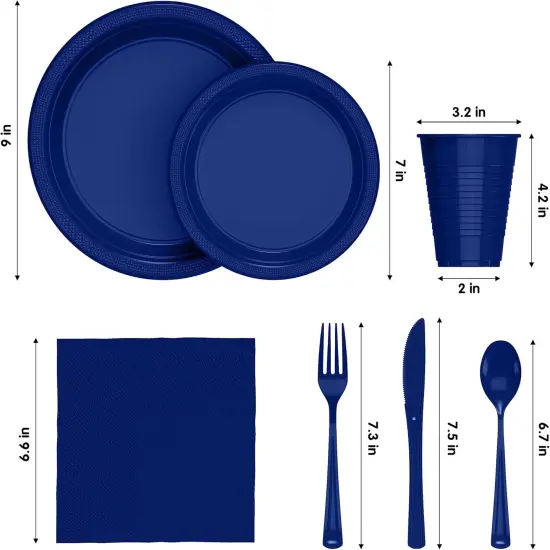 Exquisite 350 Pcs Plastic Plates for Party &ndash; Disposable Plates Set &ndash; 50 Each of 9" Dinner Plates, 7" Dessert Plates, Plastic Cups, Napkins & Plastic Cutlery &ndash; Plastic Dinnerware by Party Solids Dark Blue {3}