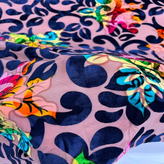1 Yard Bombay Multicolor Floral Burnout Stretch Velvet Fabric 58 Inches Width Lavender {6}
