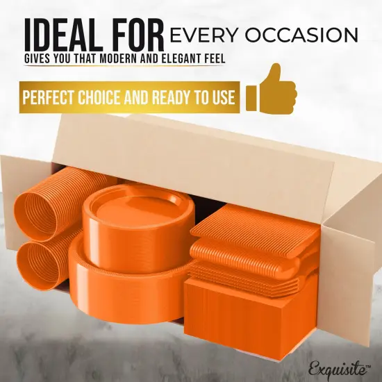 Exquisite 350 Pcs Plastic Plates for Party &ndash; Disposable Plates Set &ndash; 50 Each of 9" Dinner Plates, 7" Dessert Plates, Plastic Cups, Napkins & Plastic Cutlery &ndash; Plastic Dinnerware by Party Solids Orange {3}