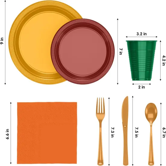 Exquisite 350 Pcs Plastic Plates for Party &ndash; Disposable Plates Set &ndash; 50 Each of 9" Dinner Plates, 7" Dessert Plates, Plastic Cups, Napkins & Plastic Cutlery &ndash; Plastic Dinnerware by Party Solids Thanksgiving {3}