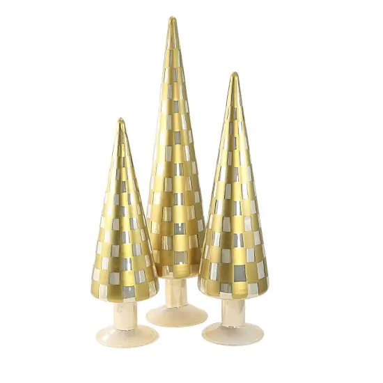 Cody Foster 18.25 In Trees Straw Set/3 Christmas Decorative Tree Set , Christmas Decor Checkered Glass Tree Gold {1}