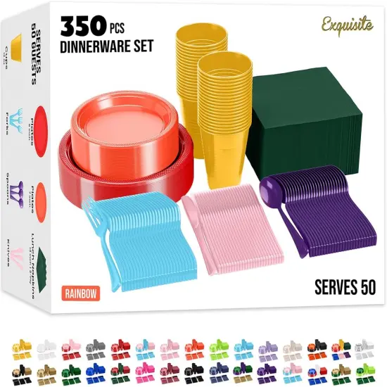 Exquisite 350 Pcs Plastic Plates for Party &ndash; Disposable Plates Set &ndash; 50 Each of 9" Dinner Plates, 7" Dessert Plates, Plastic Cups, Napkins & Plastic Cutlery &ndash; Plastic Dinnerware by Party Solids Ivory {7}