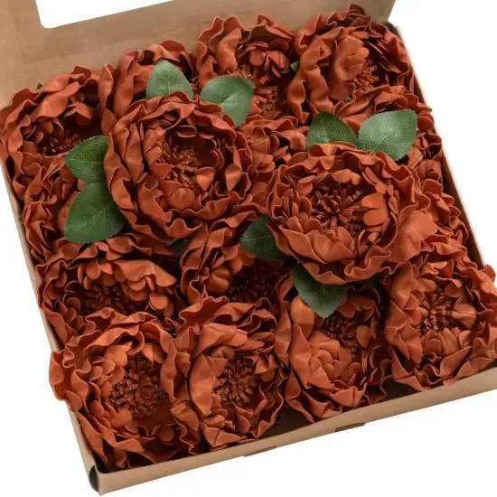 16pcs Burnt Orange Rust Blooming Peonies Artificial Flowers {1}