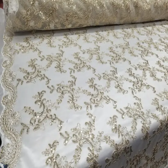 1 Yard Champagne Metallic Flowers Sequins Mesh Lace Fabric for Tablecloths and Costumes {2}