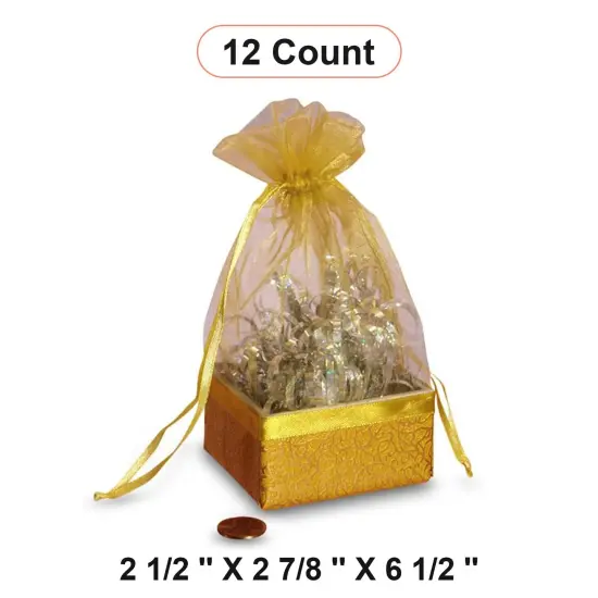Box On The Bottom Organza Bags 2 1/2 '' X 2 7/8 '' X 6 1/2 '' Decor Gold {1}