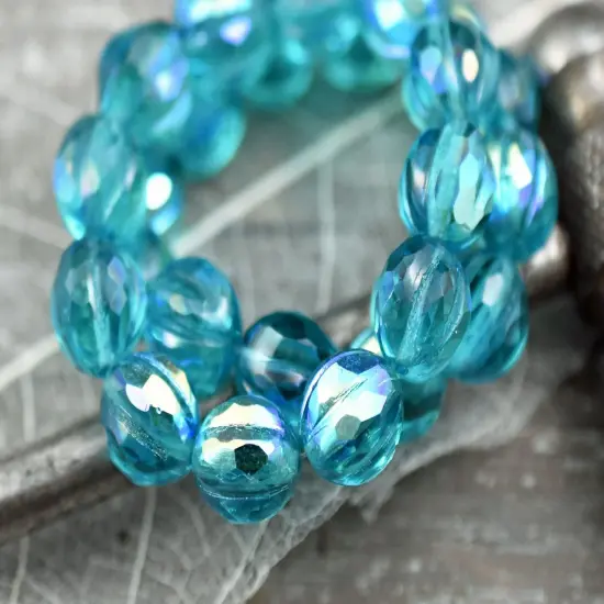 *12* 10mm Dark Aqua AB Faceted Round Melon Beads {2}