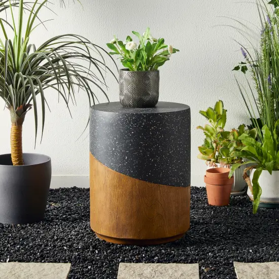Set of 2 17.75"H Multi-functional MGO Faux Terrazzo and Wood Texture Garden Stool or Planter Stand or Accent Table {3}