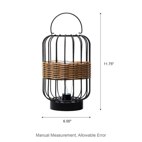 Set of 2 11.75"H Metal Wire Faux Rattan Solar Powered Outdoor Lantern with Edison Bulb and Handle {6}