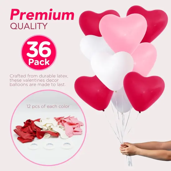 4E's Novelty 36 Pack Latex Heart Shaped Balloons 10 inch With Ribbon - Pink White Red Heart Balloons, Valentines Day Balloons, Perfect for Marriage Proposal & Valentines Day Decorations & Wedding Party {2}