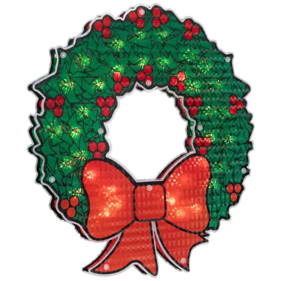 Northlight Lighted Holographic Christmas Wreath Window Silhouette Decoration - 15" Green {5}