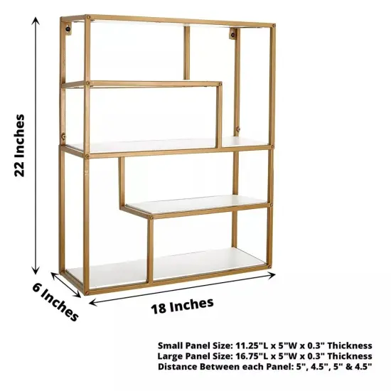 22 in Gold 4 Tier Rectangle Metal Geometric HANGING SHELF White Wood Party Home {4}