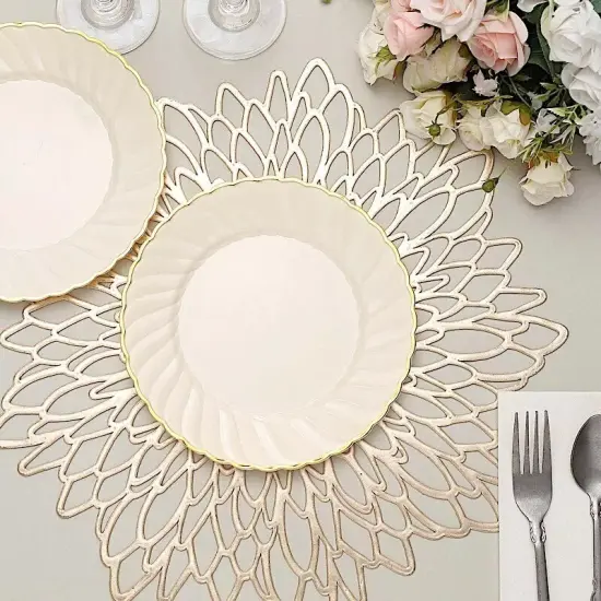 10 Ivory 8" Round Disposable Plastic Salad PLATES Gold Swirl Design Trim Party {2}