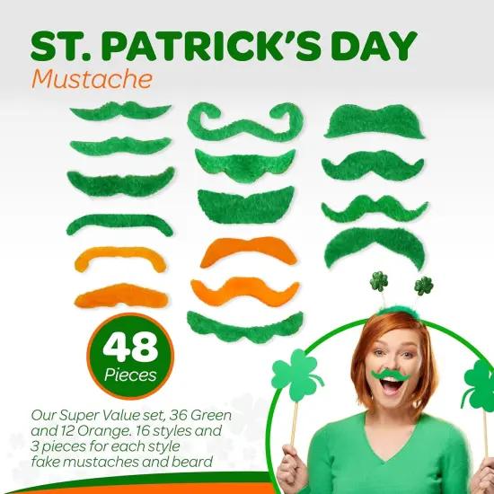 4E's Novelty 48 Pack St. Patrick's Day Mustache Green & Orange Mustaches Bulk Fake Beard Self Adhesive St Patrick Accessory Party Favor Supply {5}