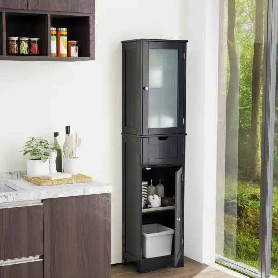 Costway Bathroom Tall Cabinet Freestanding Linen Tower with Doors & Drawer Black/Grey/White {2}