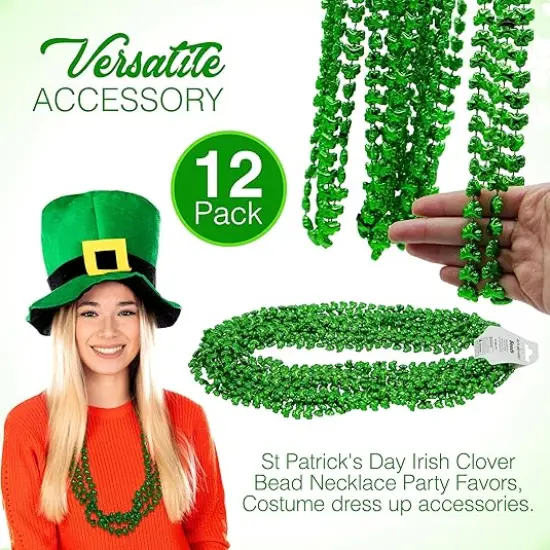 4E's Novelty St Patricks Day Beads Necklace Bulk (12 Pack) Shamrock Clover Green Beads - St. Patrick's Day Gifts for Kids, Kids Party Favor Supplies Costume Accessories {3}