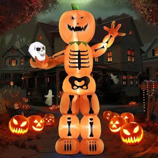 Giant Skeleton Stacked Pumpkin Man Holding Skull {3}