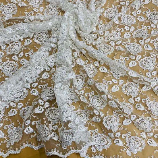 1 Yard Beaded Corded Bridal Lace Fabric Embroidered Net Mesh Black 51" Width {2}