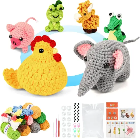 Set of 6 Animal Crochet Kit - Frog, Crocodile, Rooster, Elephant, Yak & Piglet {1}
