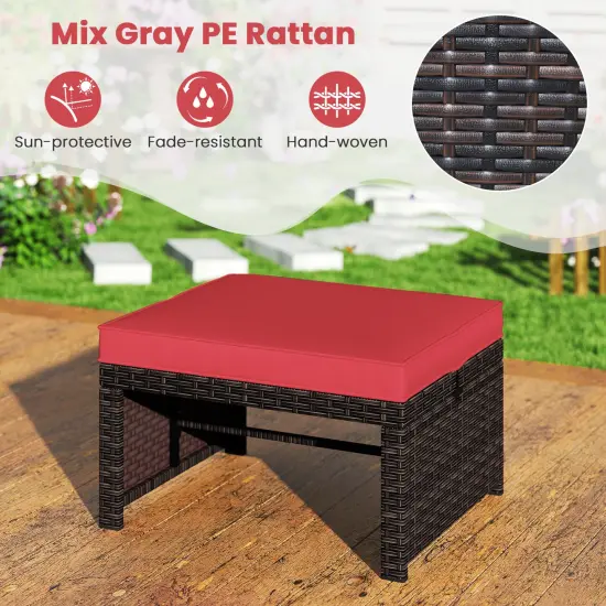 2 Piece Mix Brown Rattan Ottoman Footstool with Cushions, Metal Frame and 400 lbs Capacity Red {6}