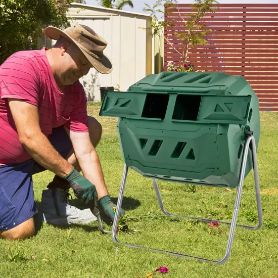 Dual-Chamber Outdoor Rotating Compost Bin with Aeration Holes and 43-Gallon Capacity Green {6}