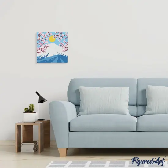 Figured'Art Mini Paint by Numbers Kit for Adults with Frame Cherry blossom and Mount Fuji Small format 8"x8" - Craft Art Painting DIY Canvas Already Stretched on a Wooden Frame {2}