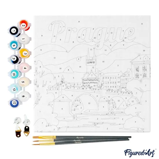 Figured'Art Mini Paint by Numbers Kit for Adults with Frame Travel Poster Prague Small format 8"x8" - Craft Art Painting DIY Canvas Already Stretched on a Wooden Frame {4}
