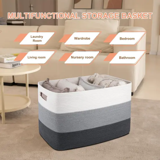 OIAHOMY 108L Super Large Blanket Basket, 25&rdquo;x16&rdquo;x16&rdquo; Rectangle Woven Baskets for Storage, Cotton Rope Basket For Living Room, Toy Storage with Handle- Gradient Dark Grey {2}