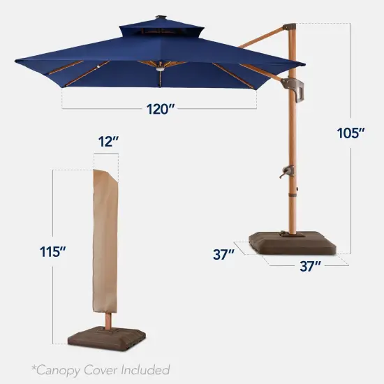 Best Choice Products 10ft Square Woodgrain Pattern 2-Tier Outdoor Solar LED Cantilever Umbrella w/ Base Navy Blue {2}