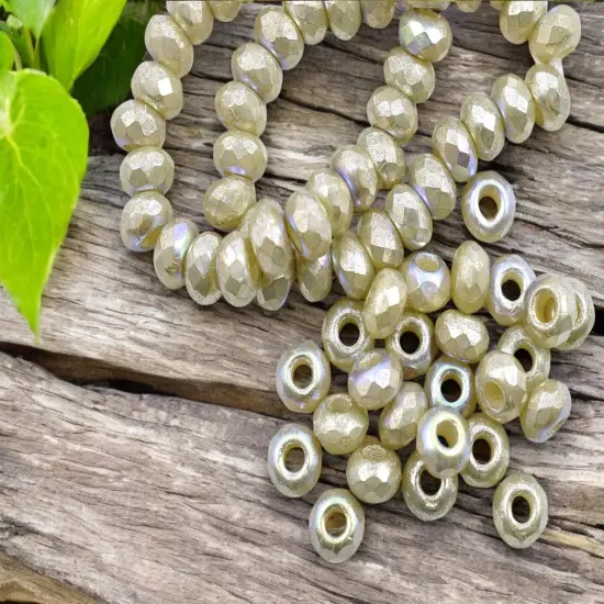 *25* 6x9mm Mercury AB Washed IvoryFaceted Large Hole Rondelle Roller Beads {1}