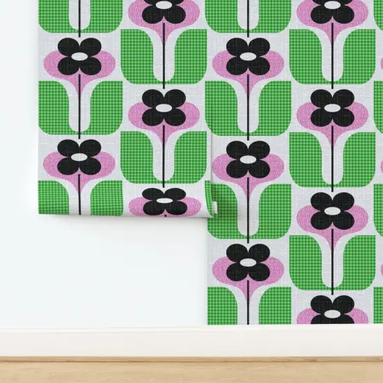 Pre-Pasted Wallpaper 2FT Wide Preppy Floral Pink Green Scandi Botanical Colorful Mid Century Modern Mod Custom Pre-pasted Wallpaper by Spoonflower {2}