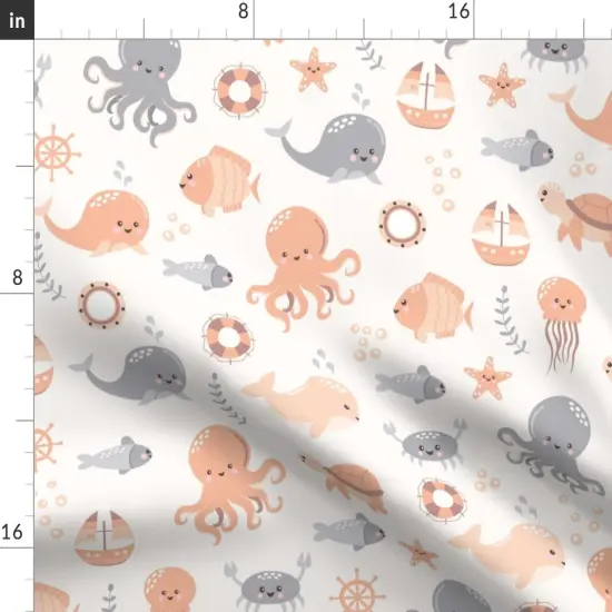 Various Fabrics by the Yard or Fat Quarter Whimsical Coastal Nautical Coral Orange Gray Gender Neutrall Simple Beach Ocean Seaside Custom Printed Fabric by Spoonflower {2}