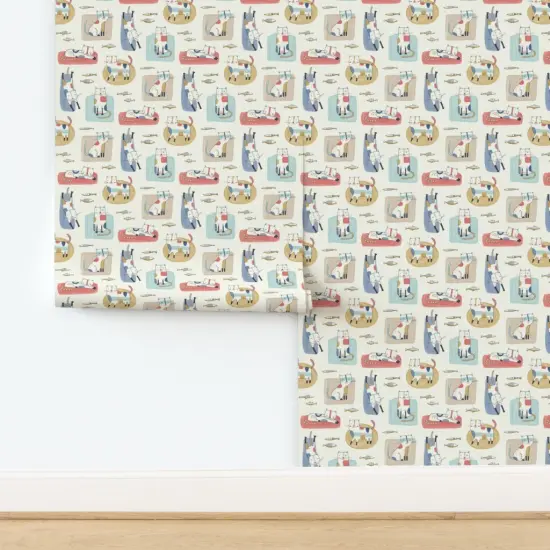 Peel & Stick Wallpaper 2FT Wide Whimsical Mod Cats Retro Color Block Fun Cute Happy Cheerful Bright Pastel Beige Custom Removable Wallpaper by Spoonflower {2}