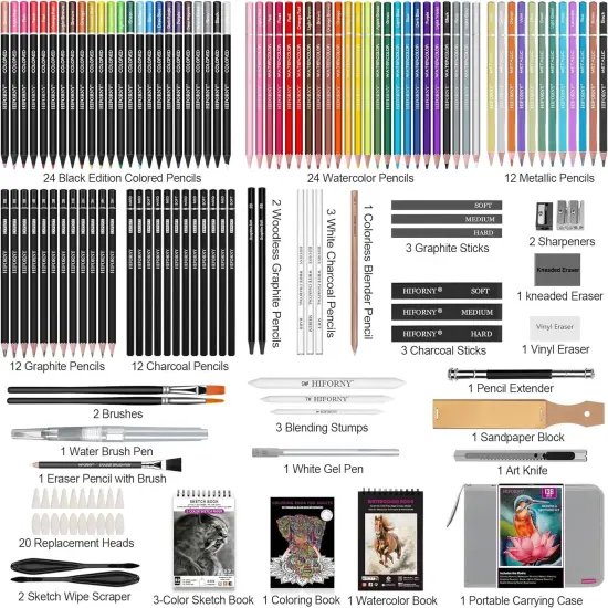 136 PCS Drawing & Sketching Set,Pro Art Supplies with Graphite,Charcoal,Colored,Watercolor Book and Coloring Book {2}