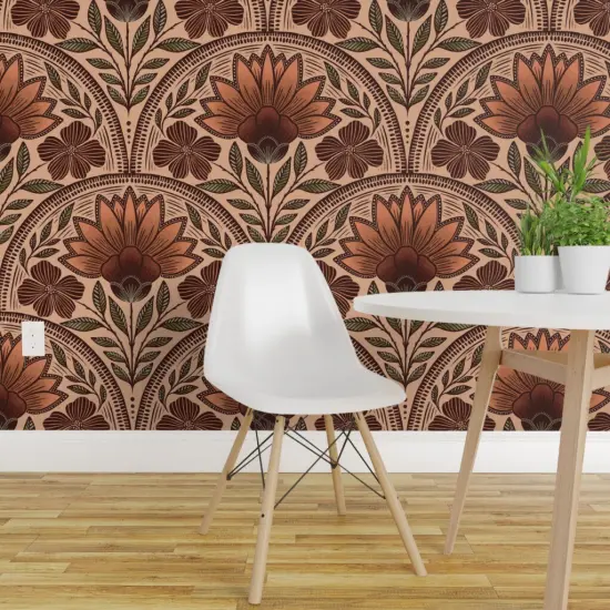 Pre-Pasted Wallpaper 2FT Wide Earth Tone Floral Art Deco Beige Rust Nouveau Rustic Damask Bohemian Botanical Terracotta Custom Pre-pasted Wallpaper by Spoonflower {1}