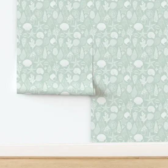 Peel & Stick Wallpaper 2FT Wide Mint Coastal Seashells Nautical Sage Green Neutral Calm Serene Minimal Simple Beach Ocean Seaside Custom Removable Wallpaper by Spoonflower {2}