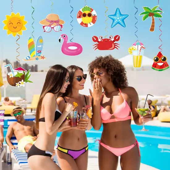 Summer Pool Party Decorations, Hello Summer Banner Paper Lanterns Beach Hanging Streams Decor for Hawaiian Luau Tropical Vacation Outfit Birthday Party Supplies Favors {5}