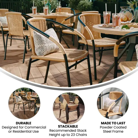 Emma and Oliver 4 Pack Rattan Indoor-Outdoor Restaurant Stack Chair with Curved Back Beige {4}