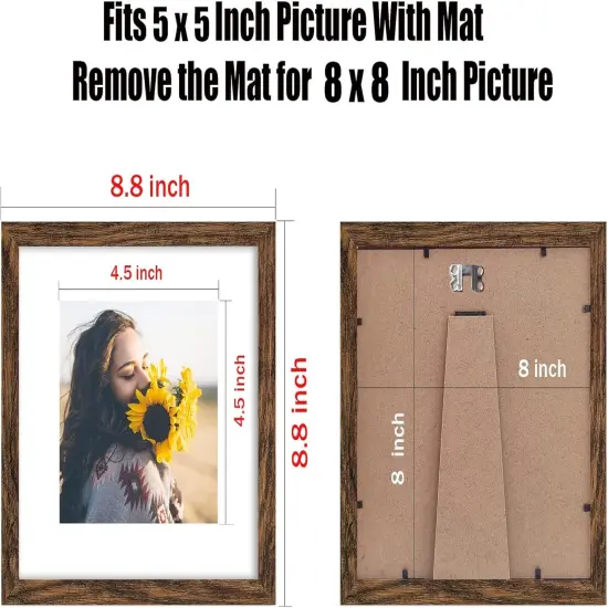 8x8 Picture Frame Rustic Brown Wood Set of 6,Display Pictures 5x5 with Mat or 8x8 Without Mat,Multi Photo Frames Collage for Wall {4}