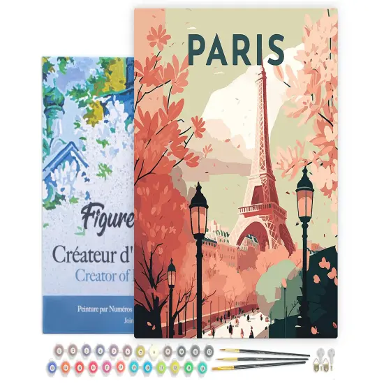 Figured'Art Paint by Numbers for Adults with Frame Travel Poster Paris 2 16"x20" - Craft Art Painting DIY Kit Canvas Already Stretched on a Wooden Frame {1}