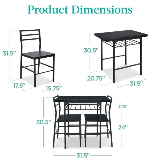 Best Choice Products 3-Piece Modern Dining Set, Square Table & Chairs Set w/ Steel Frame, Built-In Storage Rack Black/Black {2}
