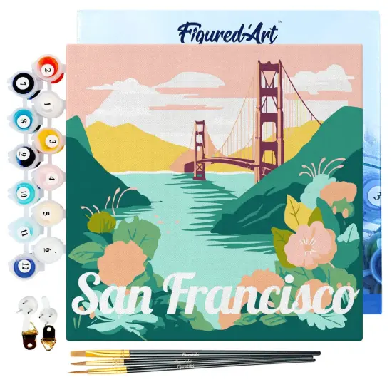 Figured'Art Mini Paint by Numbers Kit for Adults with Frame Travel Poster San Francisco Small format 8"x8" - Craft Art Painting DIY Canvas Already Stretched on a Wooden Frame {1}